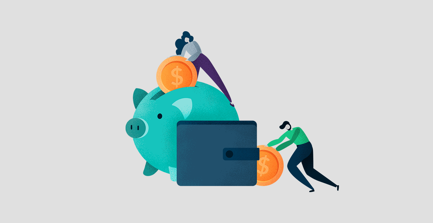 Illustration of a man and woman putting money into savings and checkings account