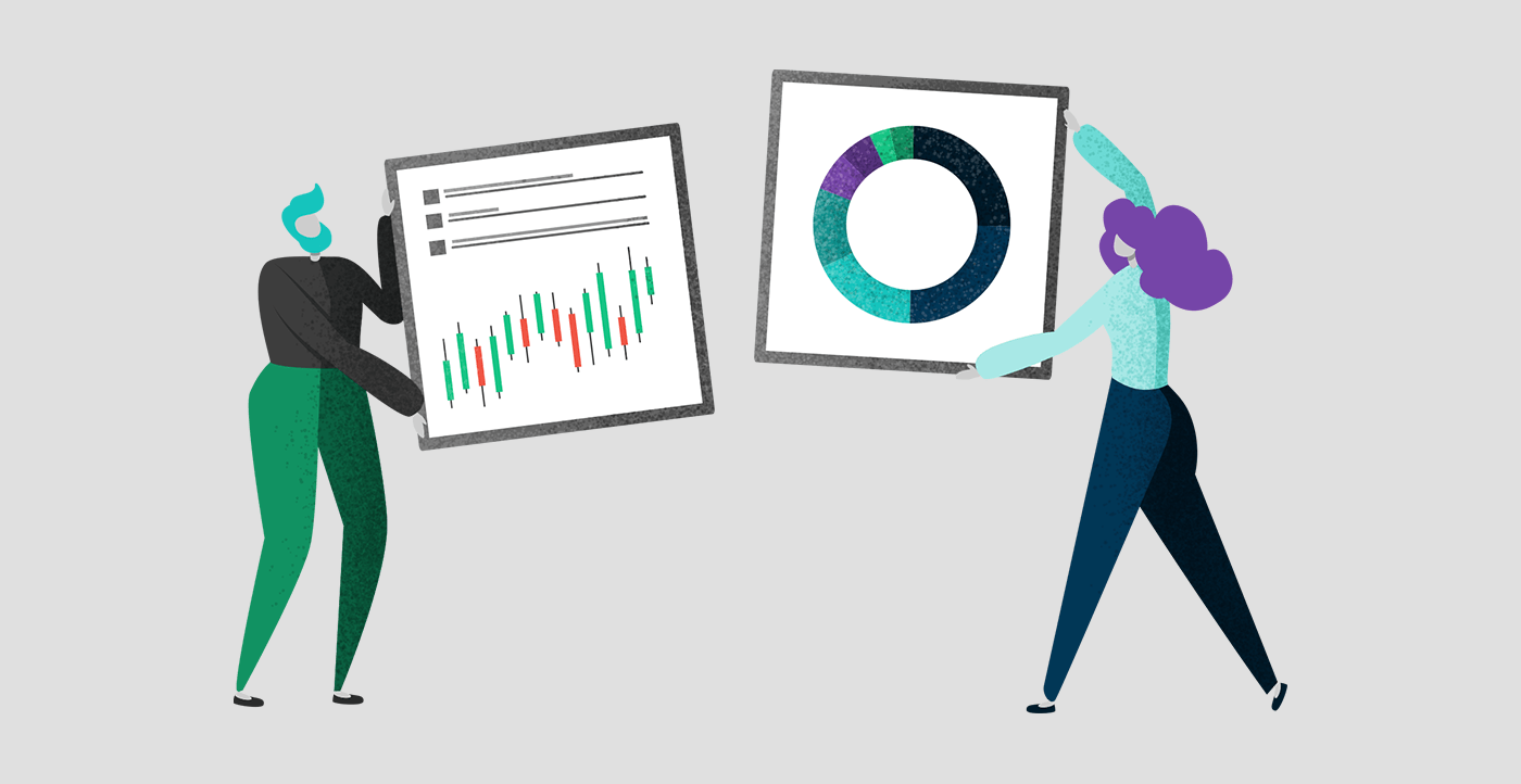 Illustration of man and woman holding up a pie and graph
