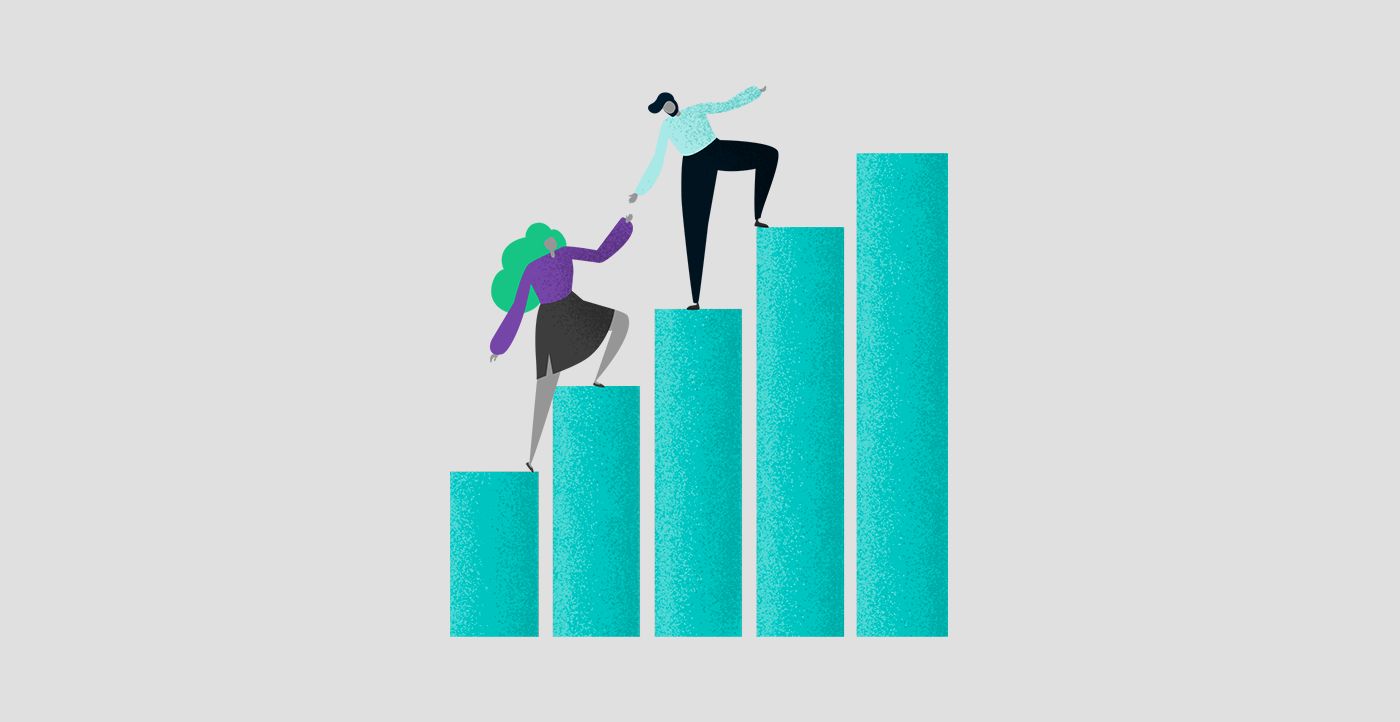 Illustration of a couple climbing a bar graph