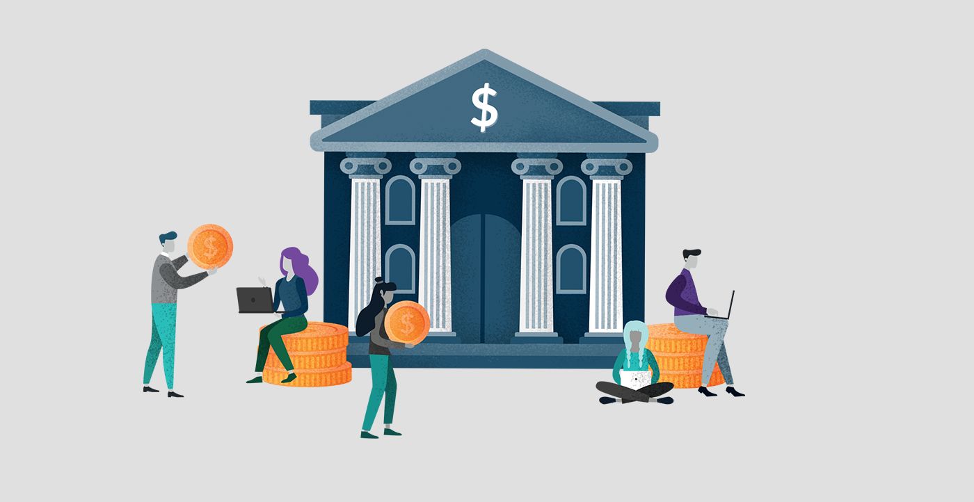 Illustration of a group outside a bank managing finances