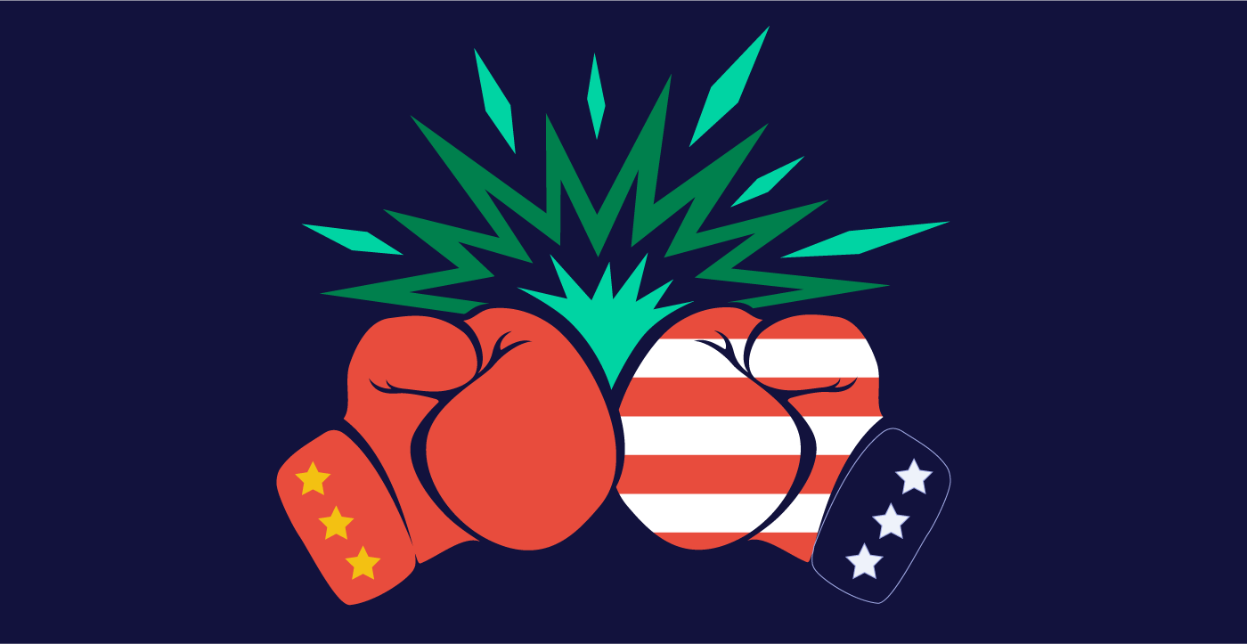 Chinese boxing glove colliding with American boxing glove