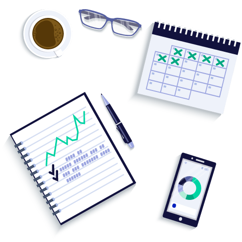 Calendar, coffee, glasses, notebook, pen, and smartphone opened to the M1 app