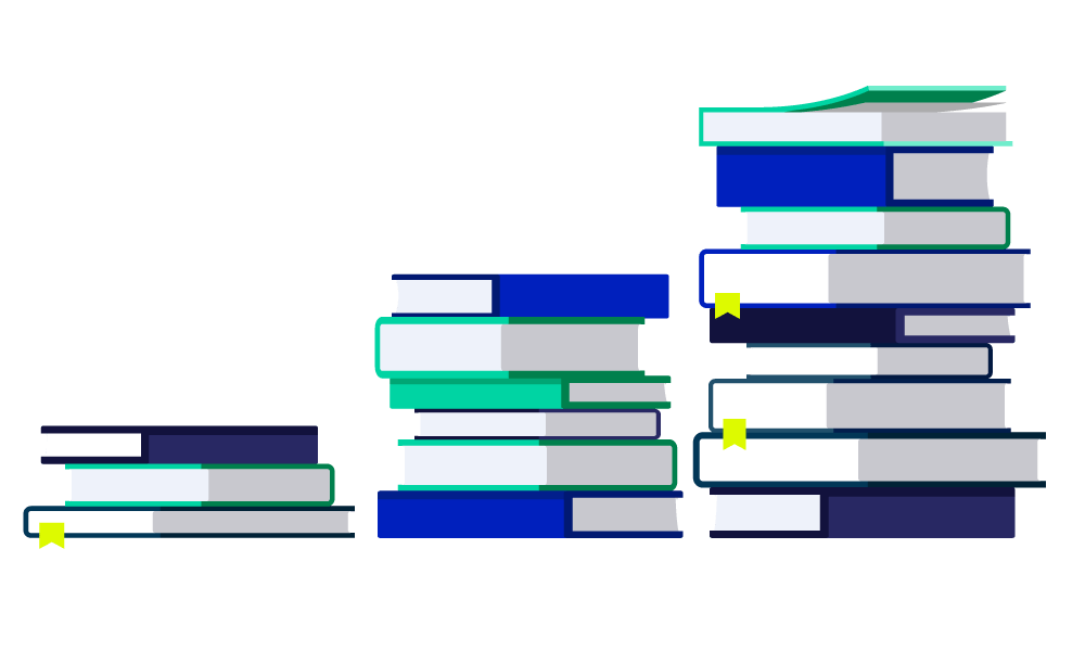 3 stacks of blue and green books