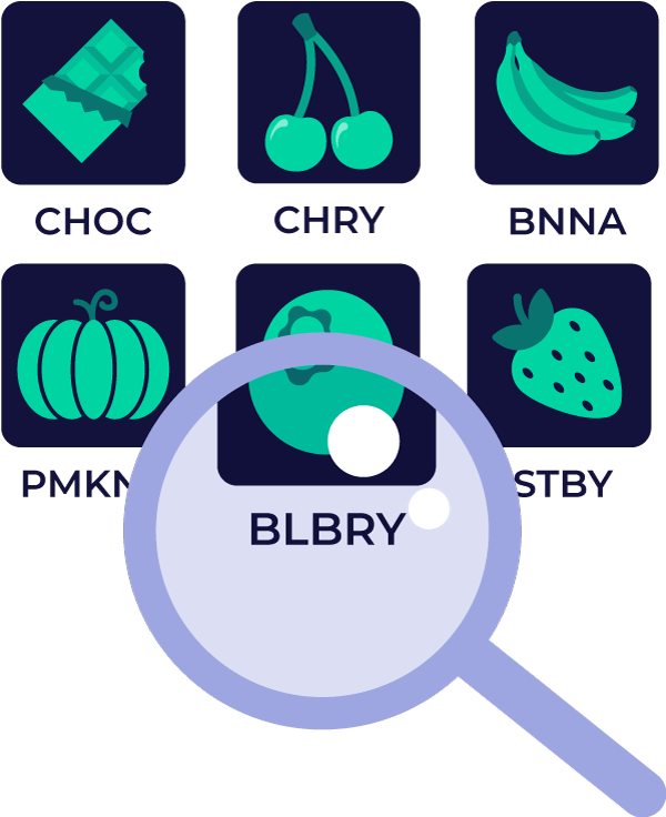 6 stock tickers with pie names, and a magnifying glass