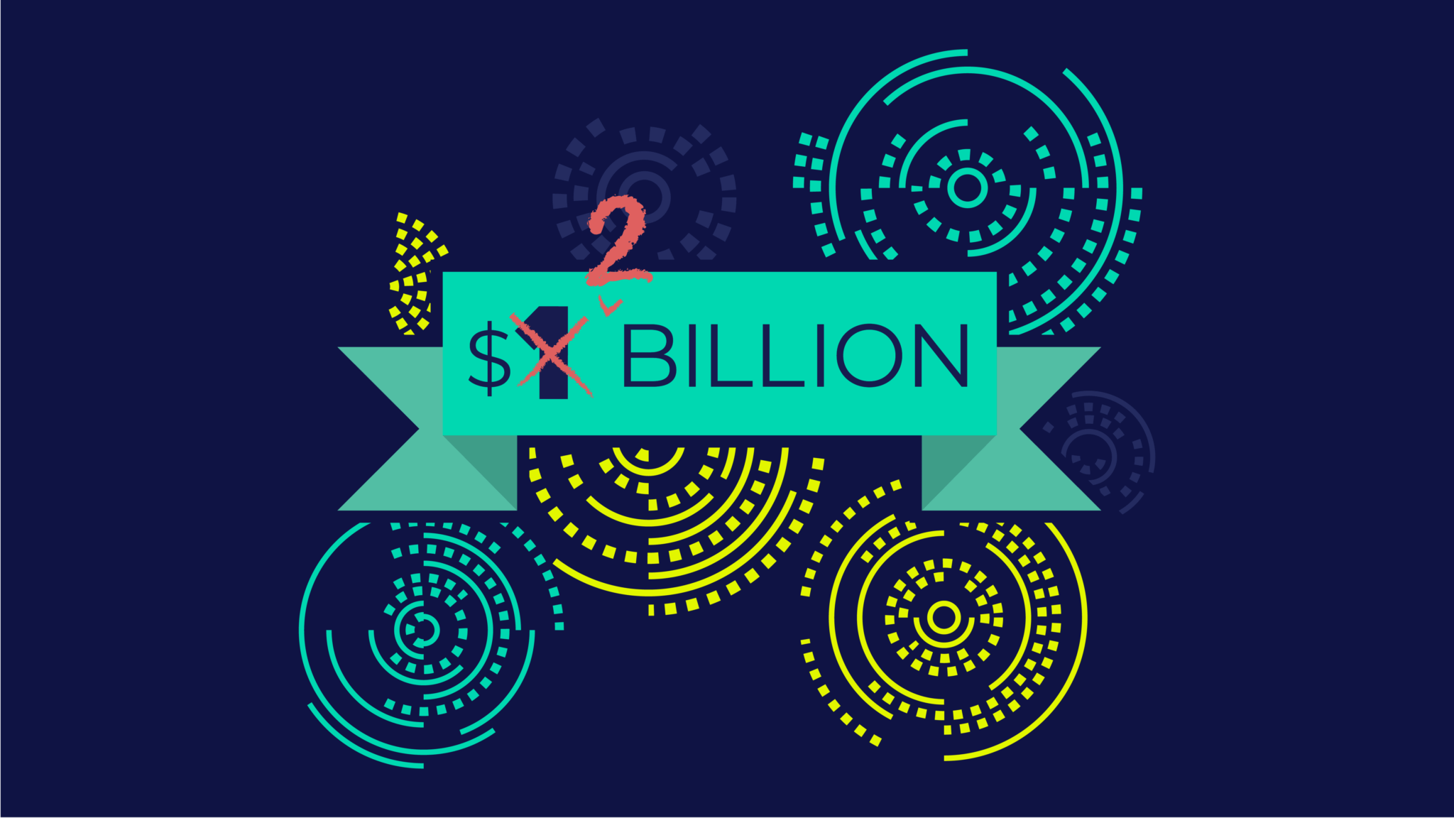 2 billion dollars with yellow and teal swirls