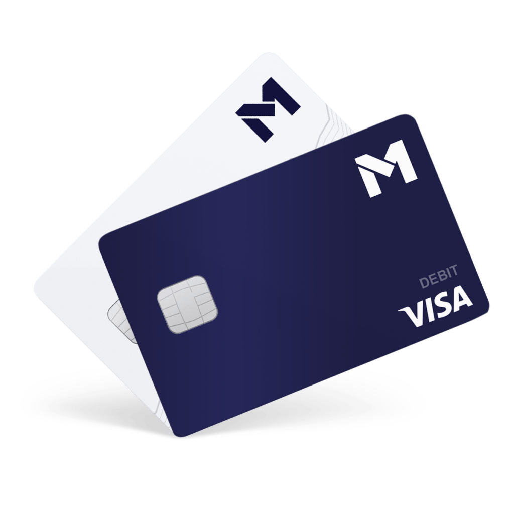 Blue M1 debit card in front of white M1 debit card