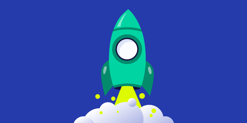 green rocket ship on blue background