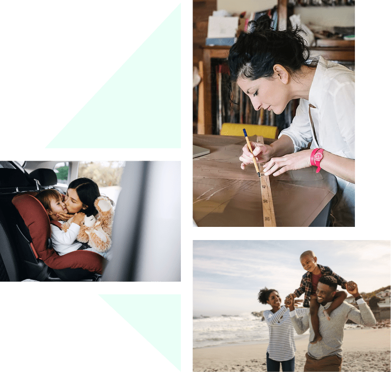 Left image: Mom kissing her baby in a car seat
Right top image: A woman sitting at a table working on a hobby 
Right bottom image: A family on a beach, the dad carrying their son on his shoulders 