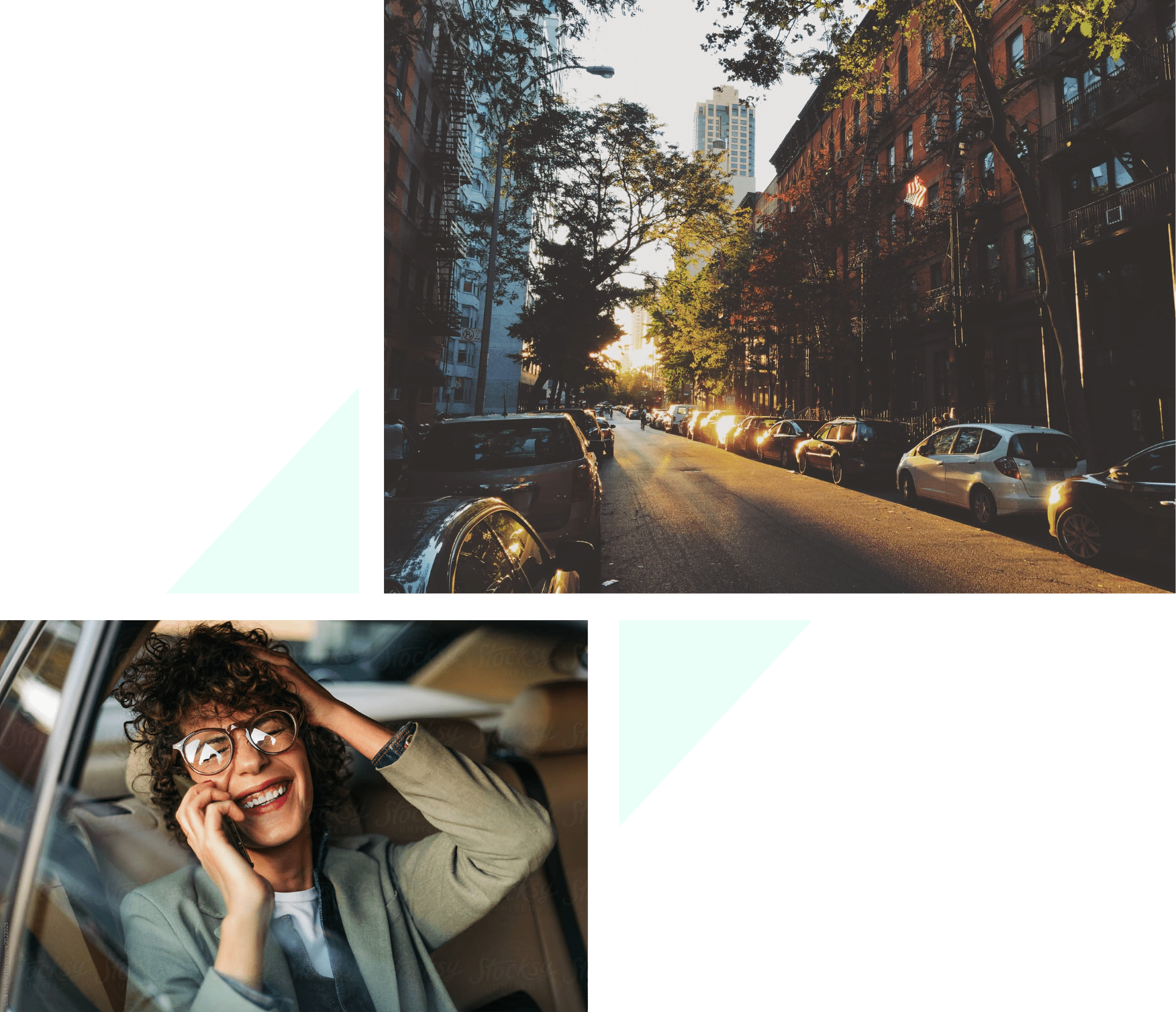 woman laughing in car and a quiet neighborhood in the morning