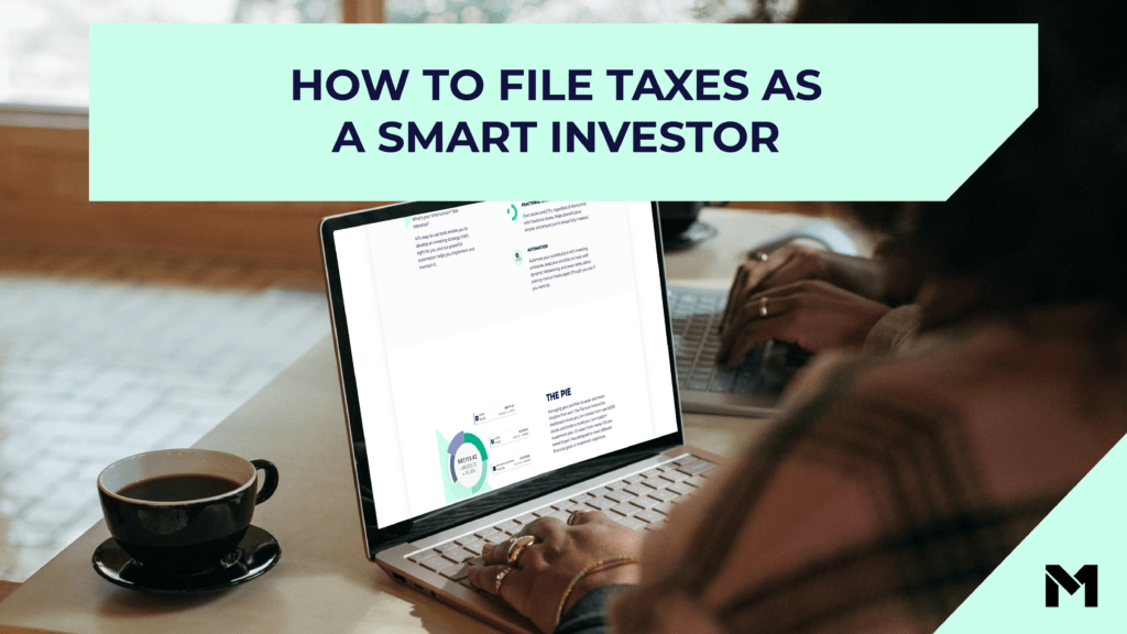 How to file taxes as a smart investor with the M1 logo in the bottom right corner above an image of a person using a laptop to explore the M1 website