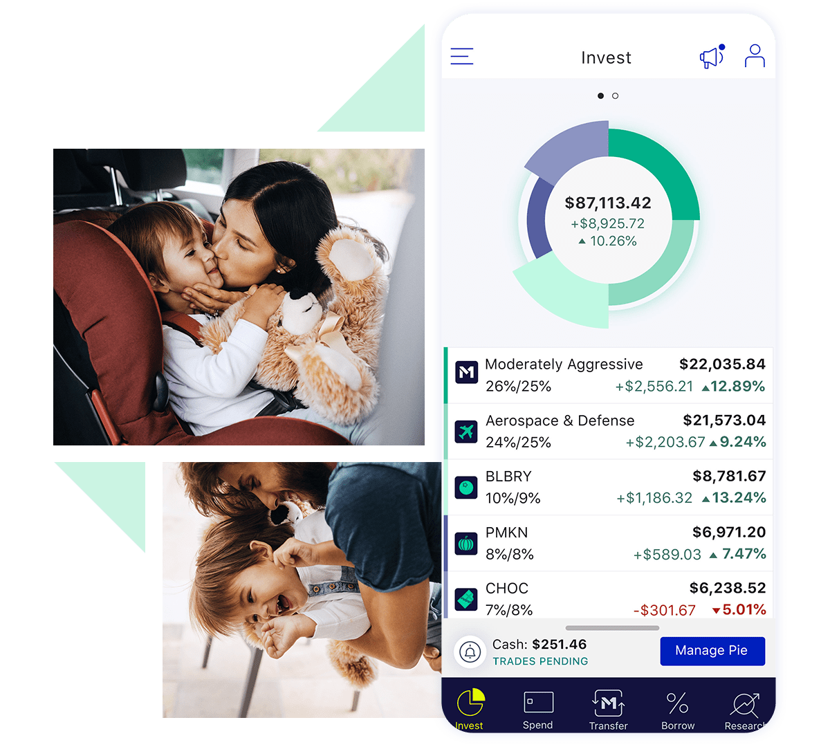 M1 invest tab with images of parents showing affection towards their children