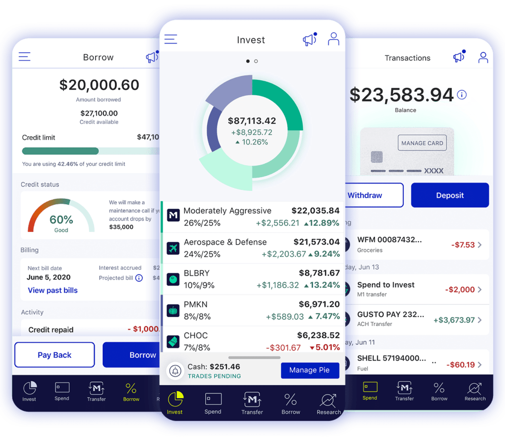 Screenshots of the Finance Super App showing the investing screen, the checking account, and the line of credit screen.