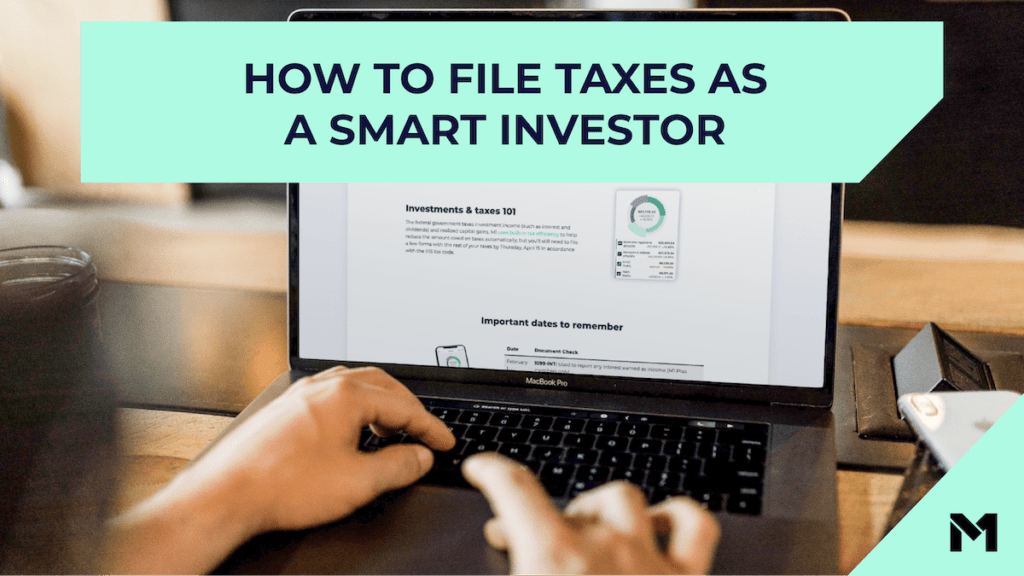 How to file taxes as a smart investor with the M1 logo in the bottom right corner above an image of a person using a laptop to explore the M1 website