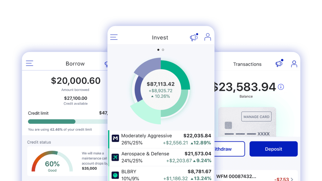 Screenshots of the M1 Finance app showing the Invest scree, the Borrow screen, and the Spend screen