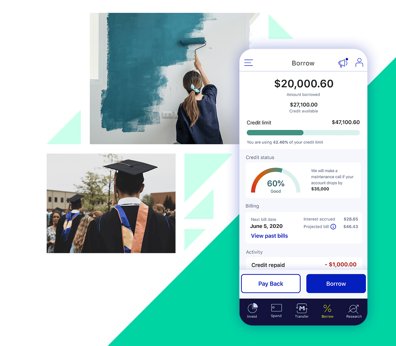 M1 Borrow tab with images of a women painting a white wall blue and students in gowns during their graduation ceremony on the side