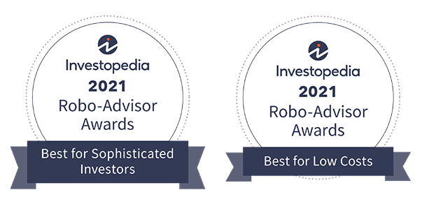 Award badges showing that M1 won Investopedia's 2021 Robo-Advisor Awards for Best for Sophisticated Investors and Best for Low Costs.