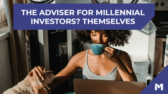 A woman sitting at her computer petting a golden retriever with her right hand and sipping coffee with her left hand. The title "The adviser for millennial investors? Themselves" is over the image in white text.