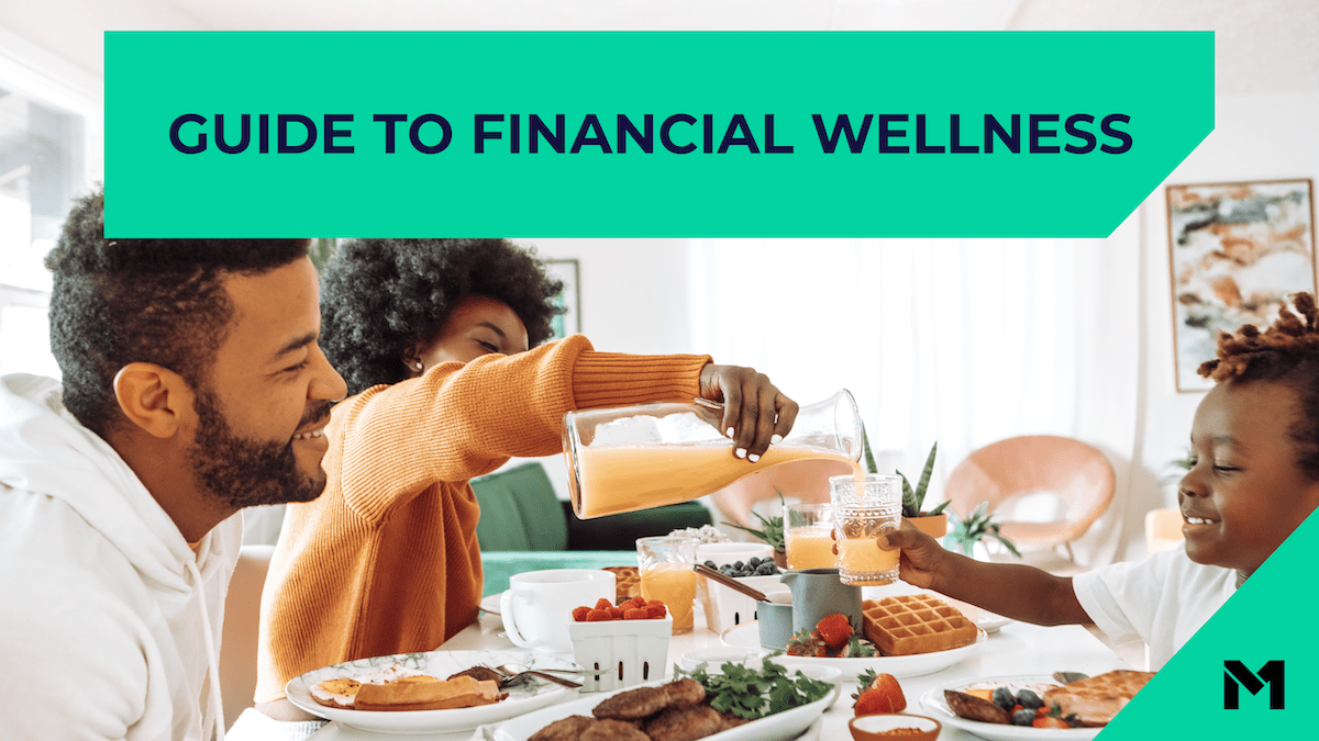Photo of a family eating brunch with an overlaid banner that says "Guide to financial wellness."