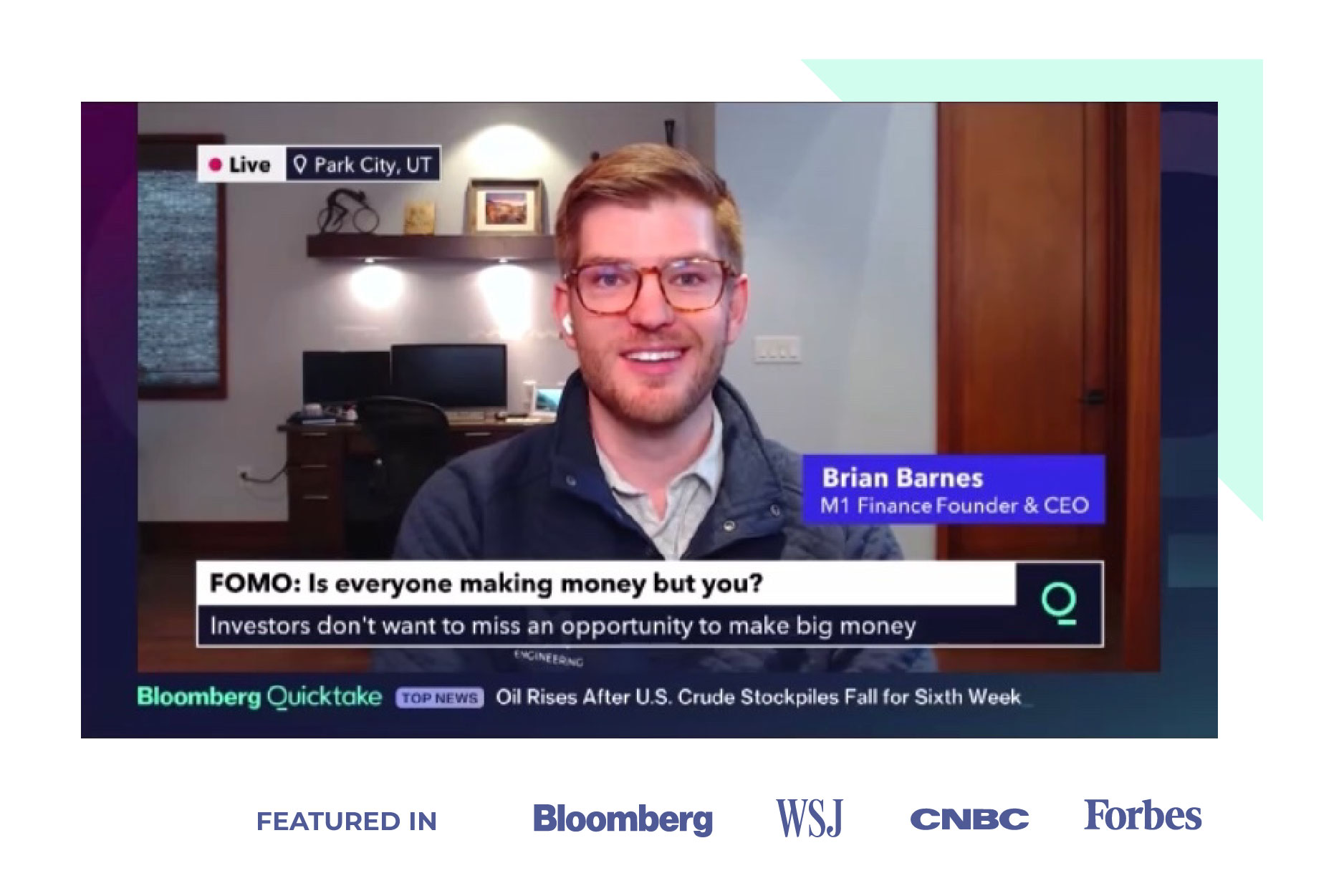 Image of Brian Barnes doing an internview with Bloomberg. And a liste of Featured In logos including Bloomberg, WSJ, CNBC and Forbes