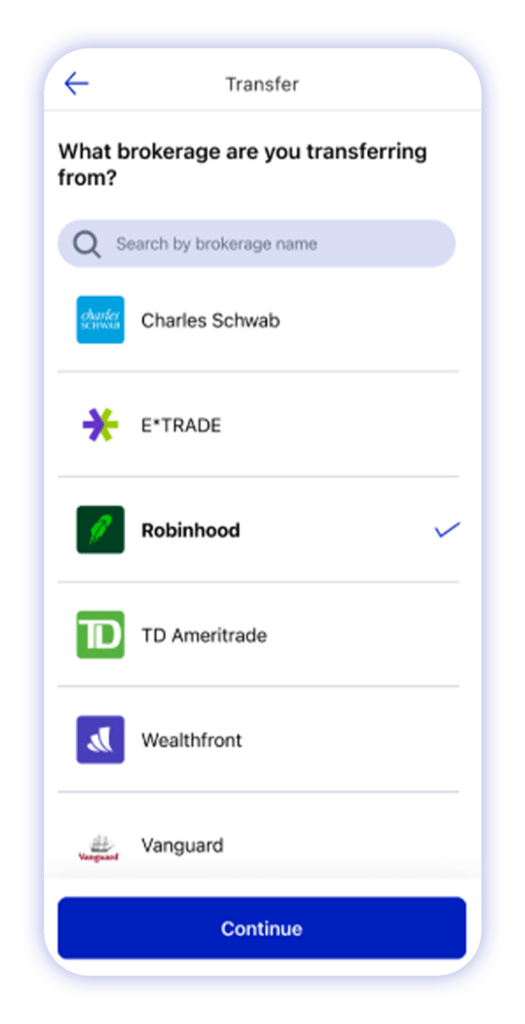 M1 app showing the first step for a brokerage account transfer 