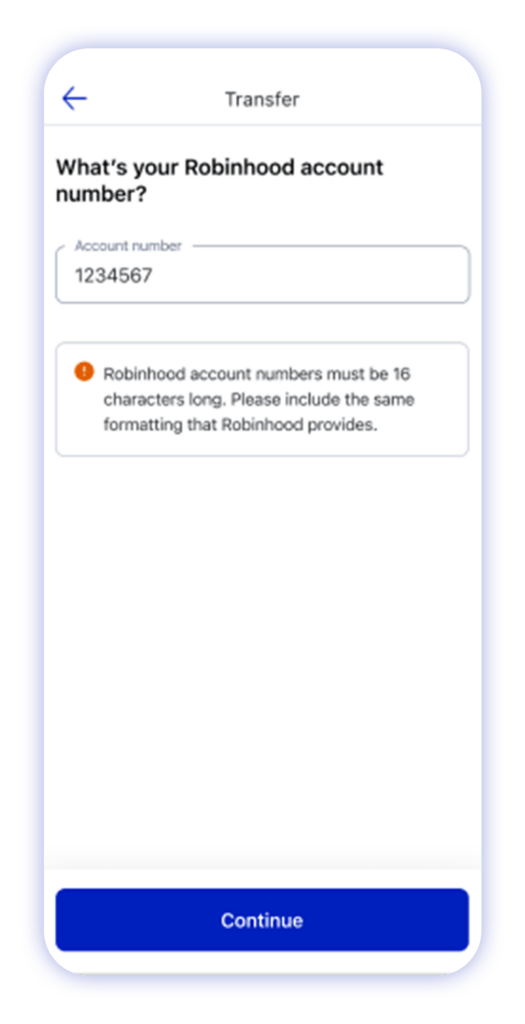 M1 app showing the second step for a brokerage account transfer, adding an account number