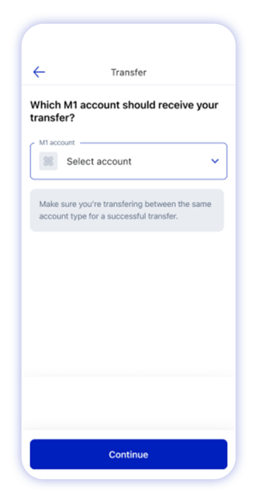 M1 app showing the third step for a brokerage account transfer, designating which M1 account should receive a transfer