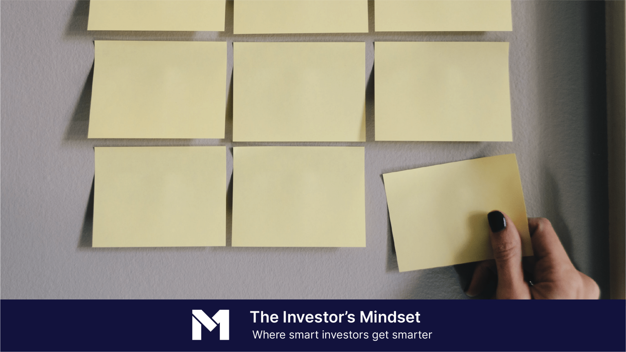 Visualizing stock splits through a grid of post-it notes, with a banner "The Investor's Mindset, where smart investors get smarter."