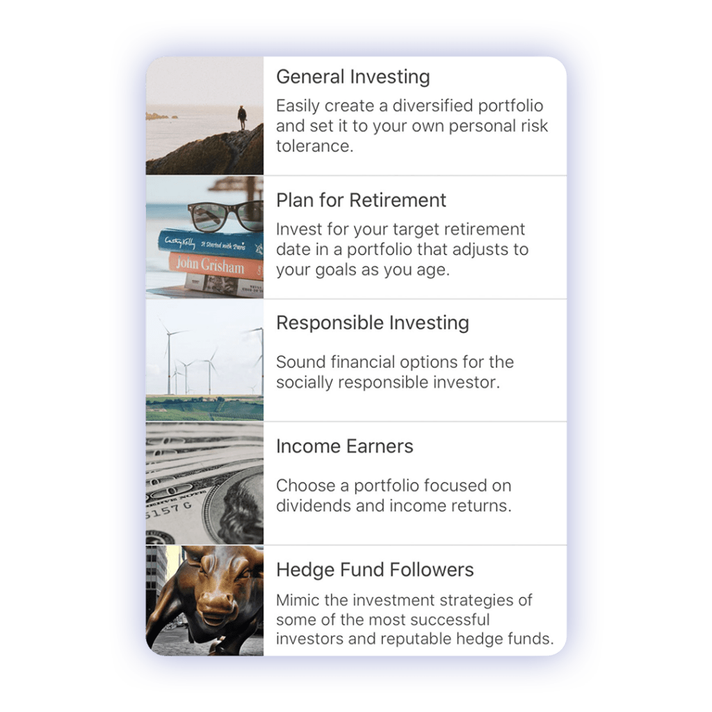 Image showing M1 expert pies and descriptions, including general investing, plan for retirement, responsible investing, and more.