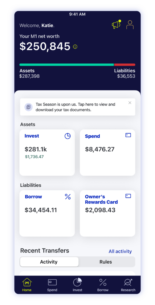 Image of M1 app home screen that shows a client's net worth, assets, and liabilities