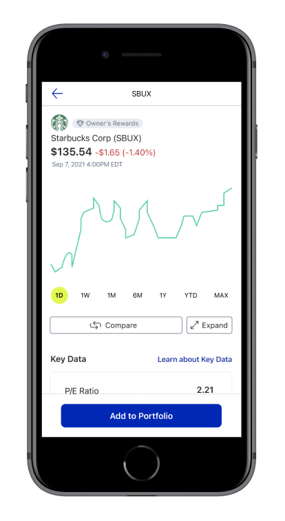 M1 mobile app showing stock market data for Starbucks Corp