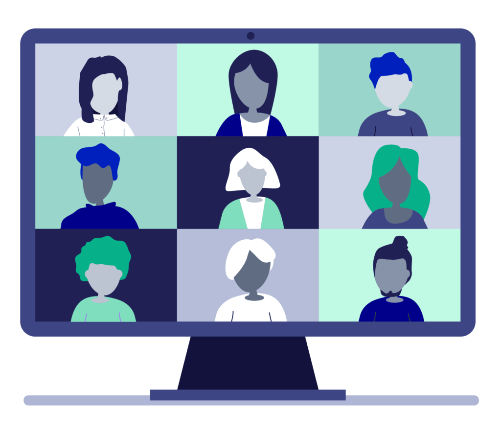 Illustration of desktop monitor with a grid of people taking part in a video conference call.