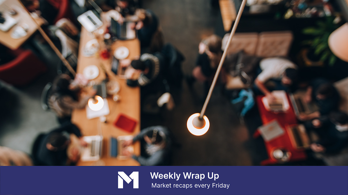 Overhead image of people working at desks in a cafe, with banner text that reads “Weekly Wrap Up, market recaps every Friday"