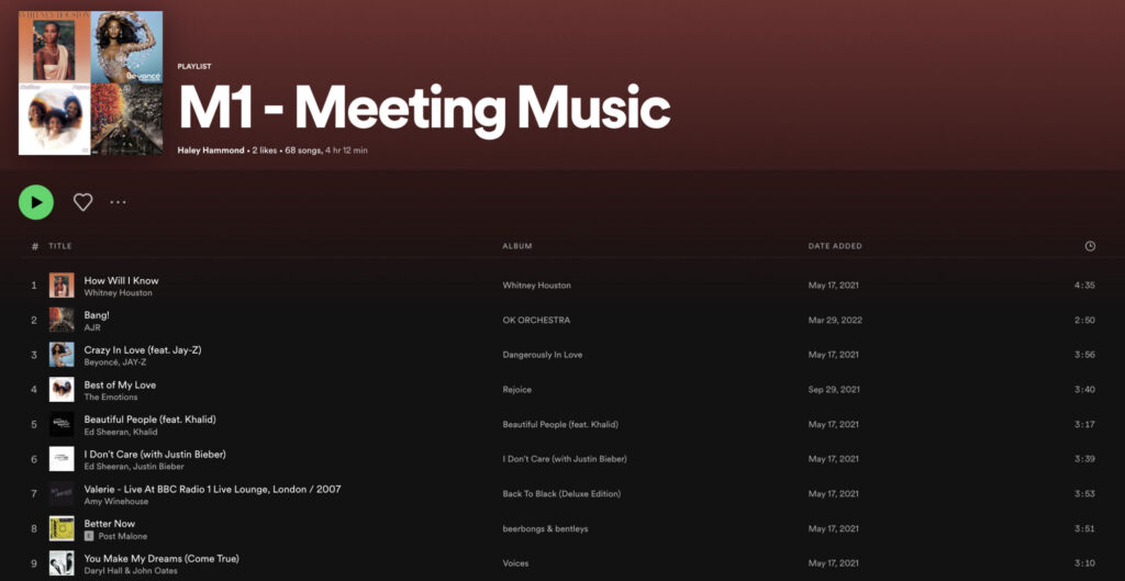 M1 meeting music playlist on Spotify by Haley Hammond