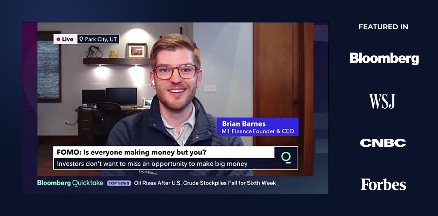 Screenshot of M1 CEO, Brian Barnes, being interviewed on a news program. It's stated thatM1 has been featured in Bloomberg, the Wall Street Journal, CNBC, and Forbes.