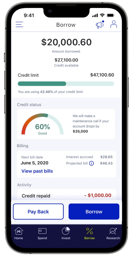 M1 Borrow margin lending product as shown on in the M1 app on an iPhone