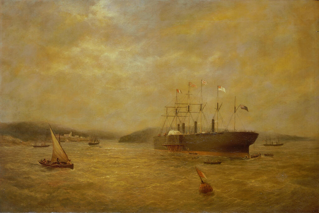 Painted image on multiple sailboats and one large ship "The Great Eastern"