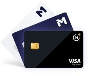 Three M1 cards stacked on top of one another, the most visible is the black M1 Plus Visa