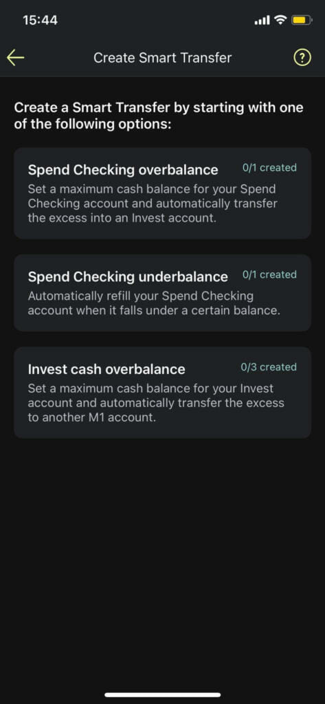 The interface of Smart Transfers in M1's mobile app.
