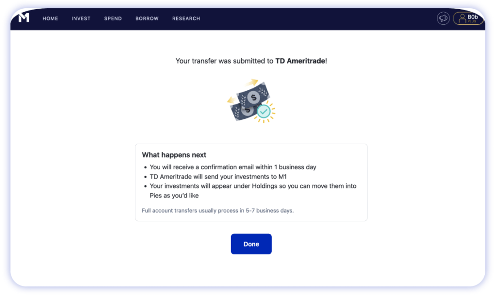 M1 product screen that shows an account transfer successfully submitted from TD Ameritrade