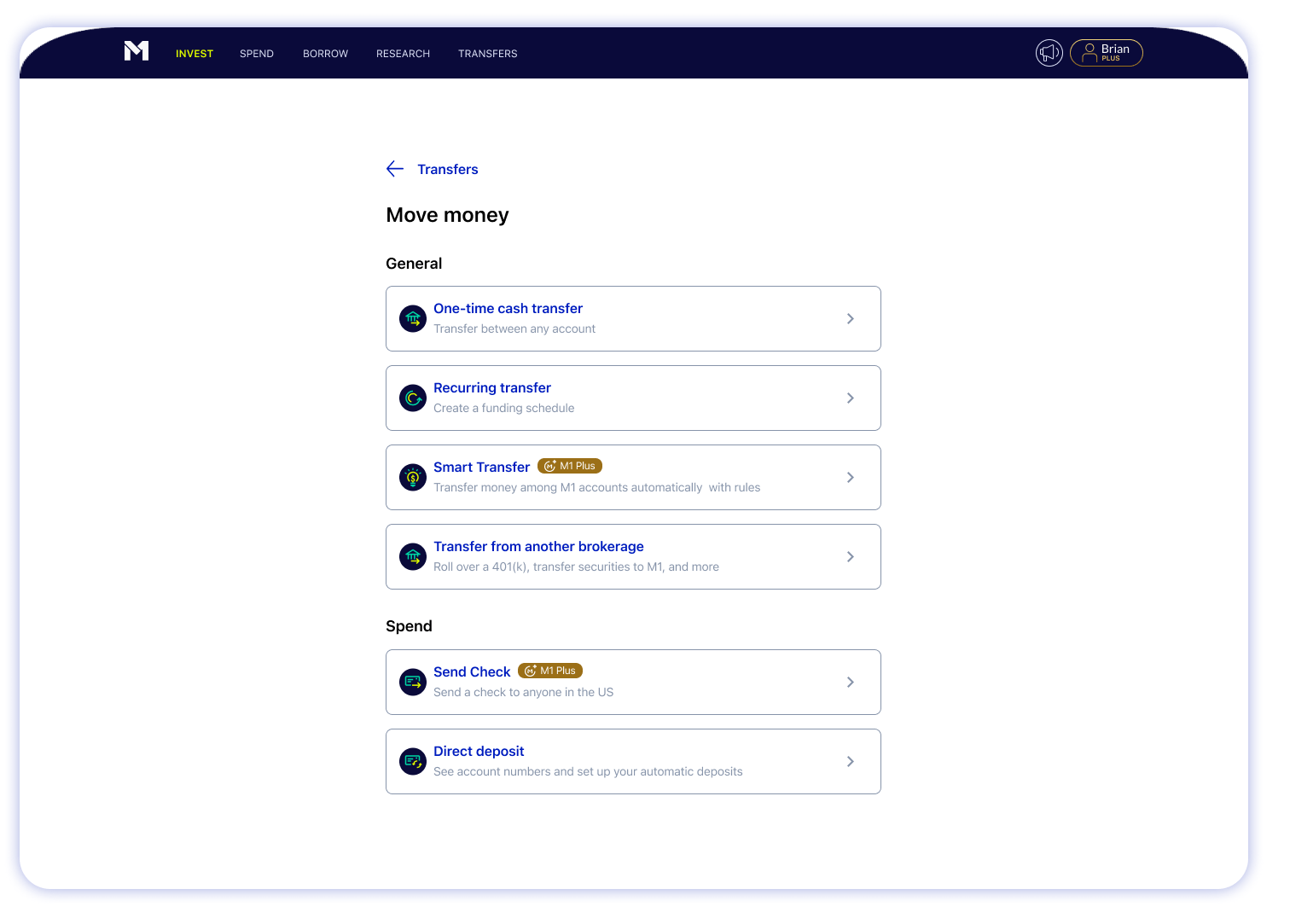 Product view for creating smart transfers for an M1 Invest account