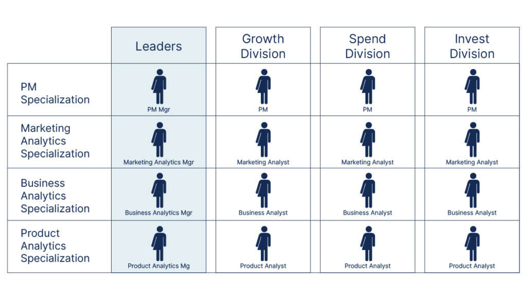 A divisional model to account for specializations in a data analytics team. This includes PM specialization, marketing analytics specialization, business analytics specialization, and product analytics specialization.