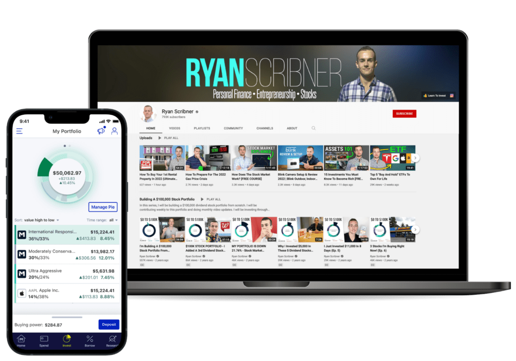Mockup of Ryan Scribner YouTube channel with M1 Portfolio product.