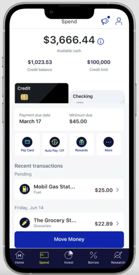 iPhone showing the M1 Spend homescreen on the M1 app, including credit balance, credit limit, and recent transactions