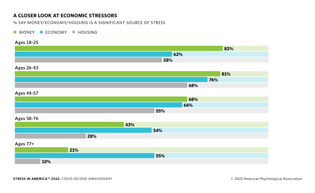 A chart showing the economic stressors based on age range. Major stressors include money, economy, and housing.