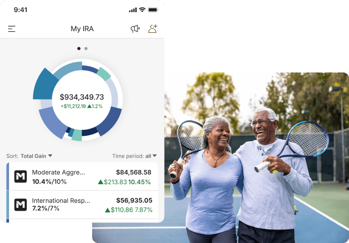 "My IRA" product screen mockup and older couple holding tennis rackets